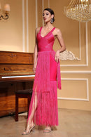 Vestido Longo De Malha Todo Em Franjas Pink