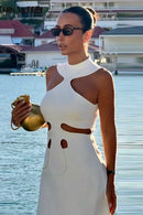 Vestido Curto Com Recortes Assimétricos Gola Halter Branco