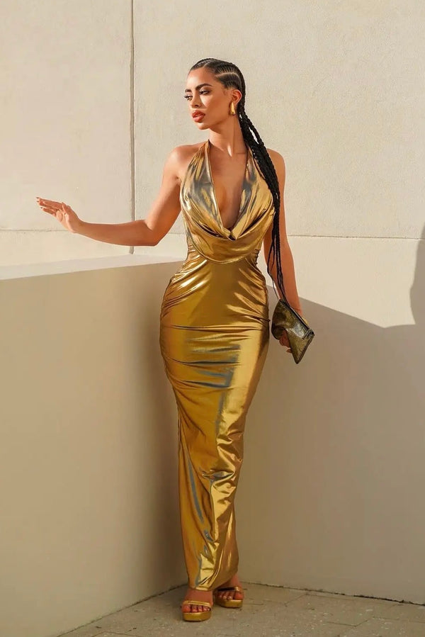 Vestido Longo Metalizado Gola V Dourado