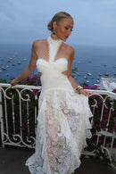 Vestido Longo Todo Rendado Com Babados Branco
