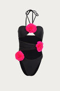 Maiô Com Amarração No Pescoço Flores 3D Preto/Pink