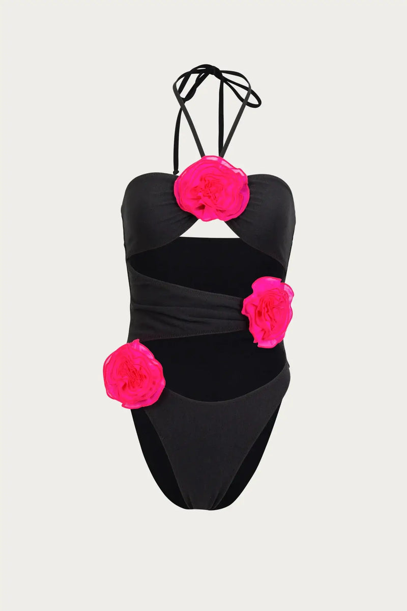 Maiô Com Amarração No Pescoço Flores 3D Preto/Pink