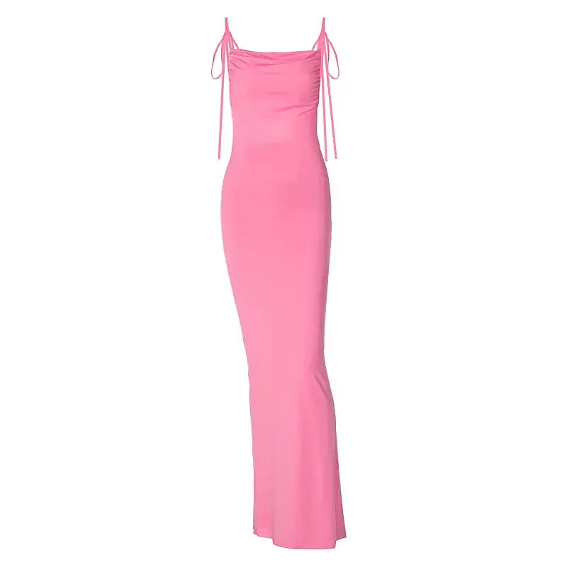 Vestido Longo Cauda Drapeada Alça Fina Azul