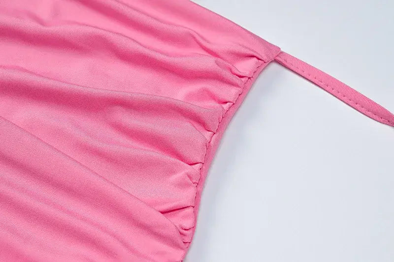 Vestido Longo Cauda Drapeada Alça Fina Rosa