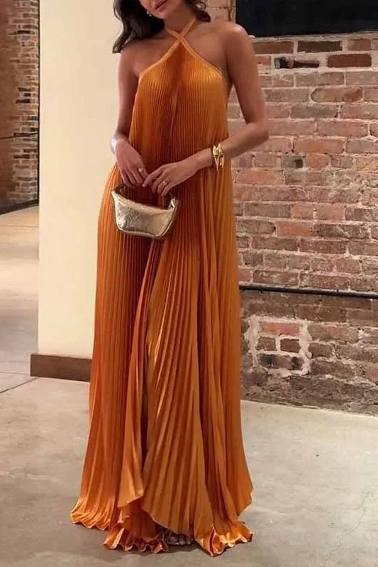 Vestido Longo Plissado Halter Com Amarração No Pescoço Laranja