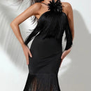 Vestido Longo Com Franjas Gola Halter Preto