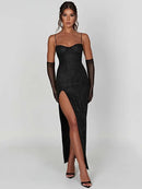 Vestido Longo Em Lurex Brilhoso Com Fenda Preto