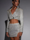 Conjunto 2 Peças Blazer e Saia Com Brilho Prata