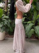 Vestido Longo Rendado Com Mangas Bufantes Off White