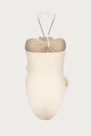 Maiô Com Amarração No Pescoço Flores 3D Branco