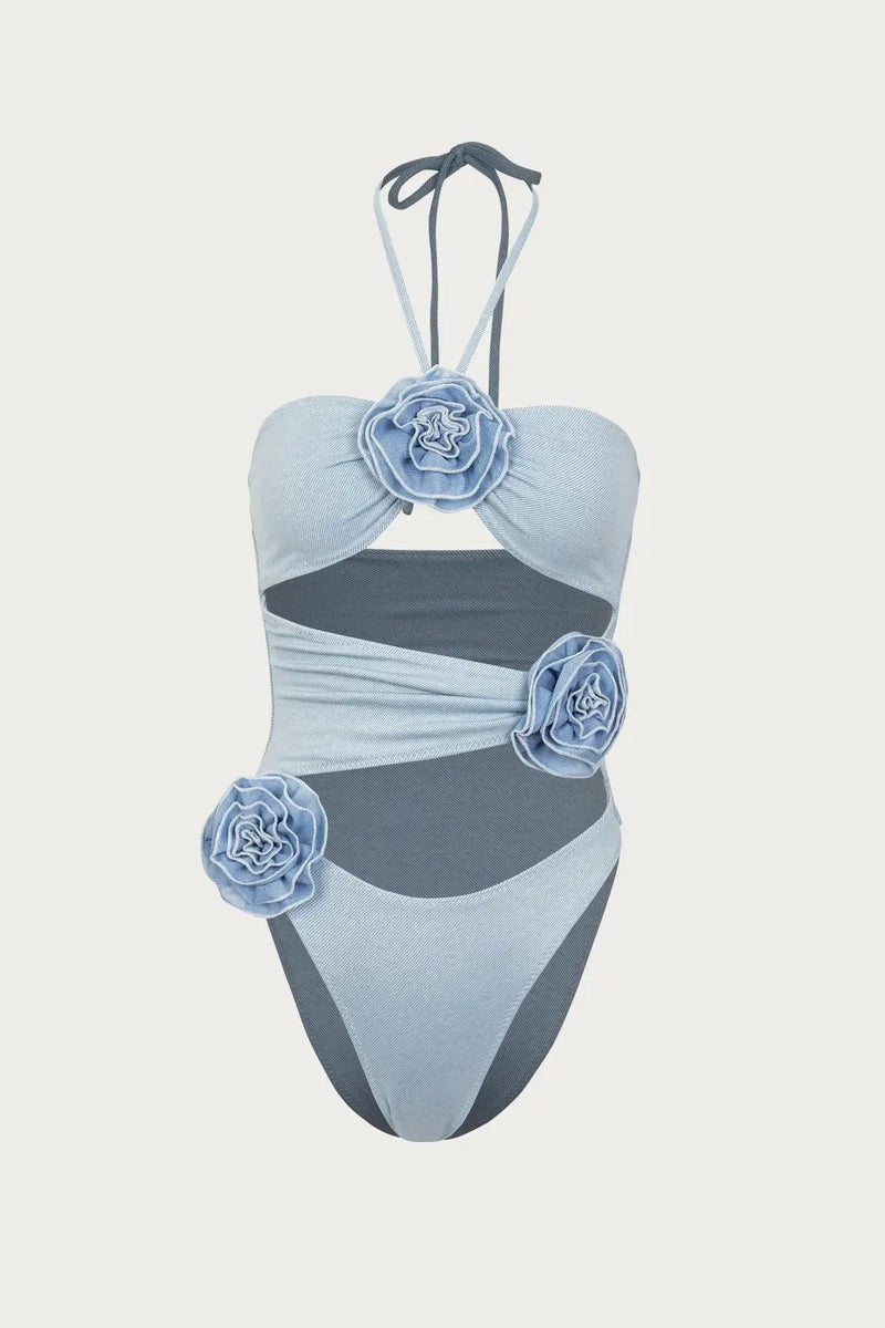 Maiô Com Amarração No Pescoço Flores 3D Azul