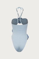 Maiô Com Amarração No Pescoço Flores 3D Azul