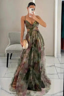 Vestido Longo Em Tule Com Alça Fina Estampa Floral Verde