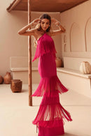 Vestido Longo Com Franjas Gola Halter Pink