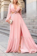 Vestido Longo Manga Longa Com Fenda em Musseline Rosa