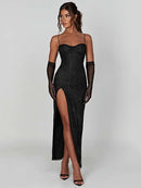 Vestido Longo Em Lurex Brilhoso Com Fenda Preto