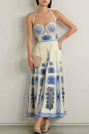 Conjunto 2 Peças Maiô e Saia Estampa Étnica Azul Claro