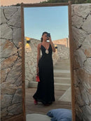 Vestido Longo De Musseline Alça Fina Flor 3D Preto