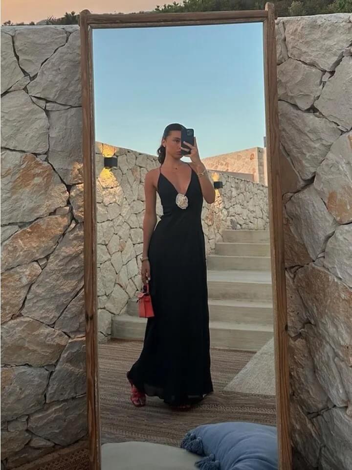 Vestido Longo De Musseline Alça Fina Flor 3D Preto
