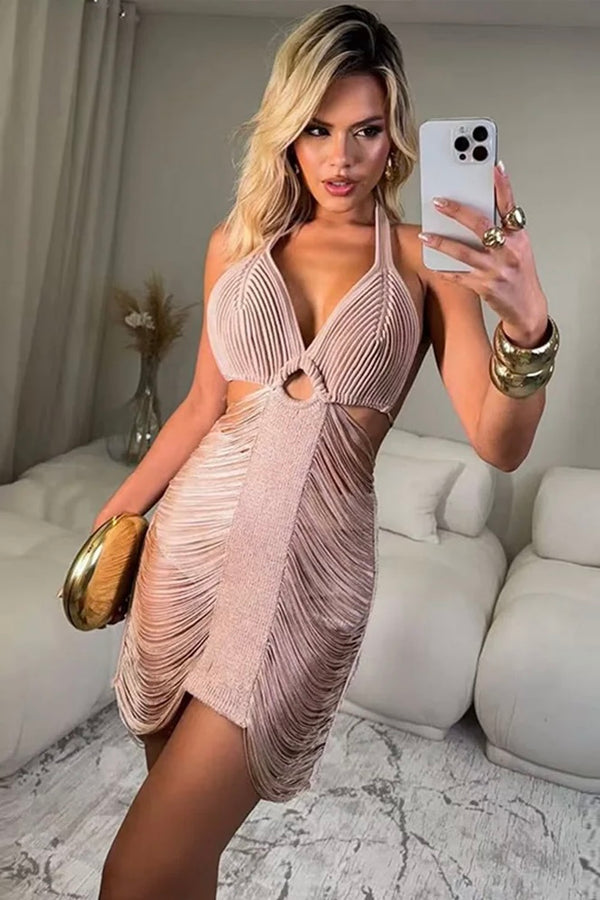 Vestido Curto De Tricô Com Franjas Rosa