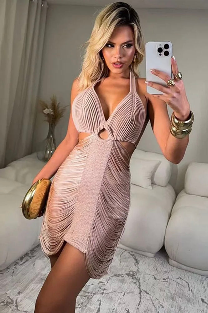 Vestido Curto De Tricô Com Franjas Rosa