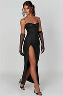 Vestido Longo Em Lurex Brilhoso Com Fenda Preto