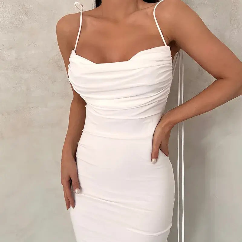Vestido Longo Cauda Drapeada Alça Fina Azul