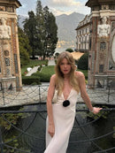 Vestido Longo De Musseline Alça Fina Flor 3D Preto