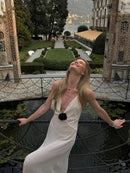 Vestido Longo De Musseline Alça Fina Flor 3D Branco