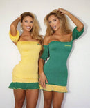 Vestido Curto De Tricô Manga Curta Temática Do Brasil