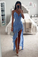 Vestido Assimétrico Alça Fina Com Babados Azul