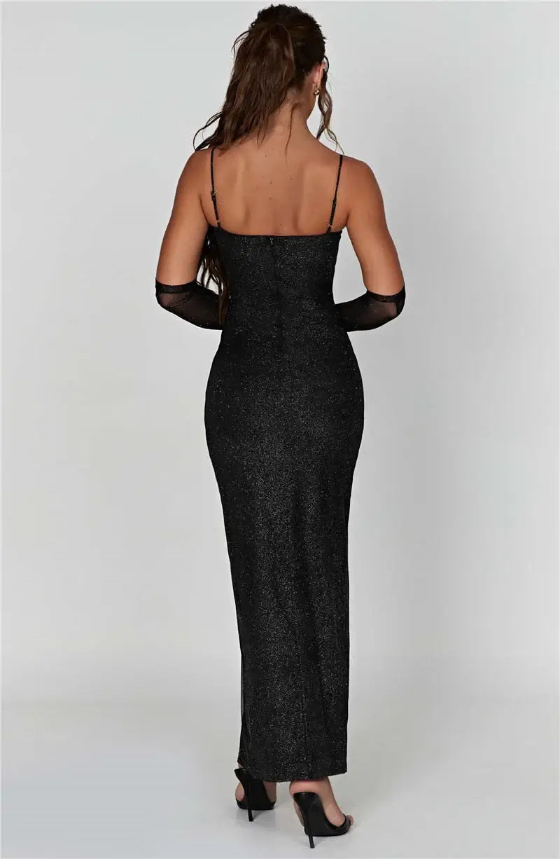 Vestido Longo Em Lurex Brilhoso Com Fenda Preto