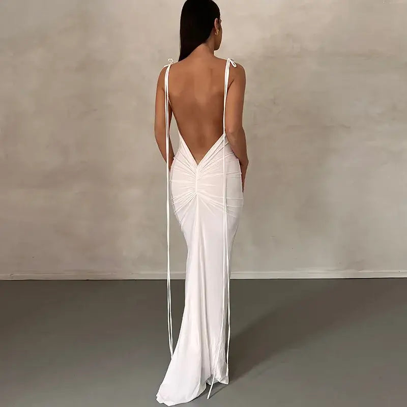 Vestido Longo Cauda Drapeada Alça Fina Branco