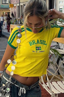 Blusa Feminina Manga Curta Com Logo Do Brasil