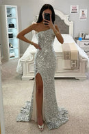 Vestido Longo Todo em Paetês Um Ombro Só Prata