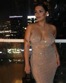 Vestido Longo Decote V Bordado Em Strass Bege