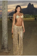 Conjunto 2 Peças Todo em Paetês Top e Calça Dourado