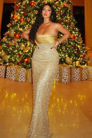 Vestido Longo Tomara Que Caia Com Perolas e Paetês Dourado