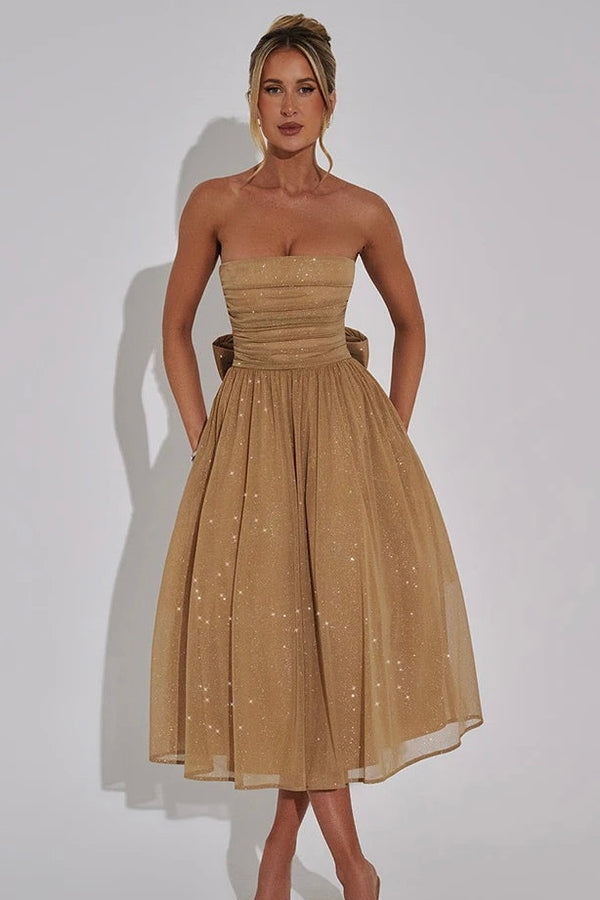 Vestido Midi Rodado Tomara Que Caia Em Lurex Brilhoso Bege