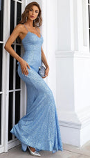 Vestido Longo De Lantejoulas Alça Fina Com Fenda Azul