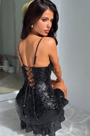 Vestido Curto De Paetê Com Babados Preto