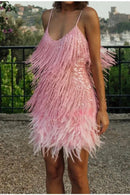 Vestido Curto Paetê Com Plumas Rosa