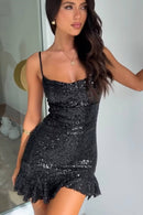 Vestido Curto De Paetê Com Babados Preto