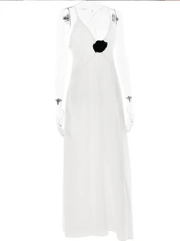 Vestido Longo De Musseline Alça Fina Flor 3D Preto
