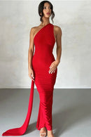 Vestido Longo Drapeado Um Ombro Só Vermelho