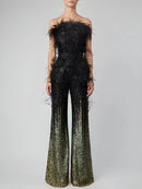 Macacão Tomara Que Caia Com Plumas e Paetês