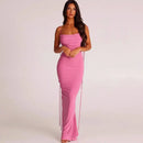 Vestido Longo Cauda Drapeada Alça Fina Rosa