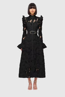 Vestido Midi Rendado Manga Longa Com Cinto Preto