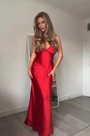 Vestido Longo De Cetim Alça Fina Vermelho