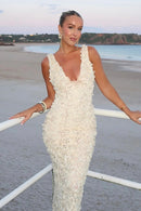 Vestido Longo Com Fenda Flores 3D Off White